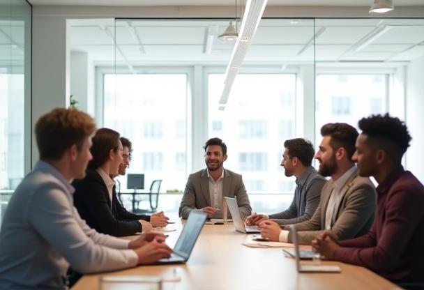 Modern office interior showing a professional team meeting