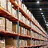 Warehouse shelves with product boxes